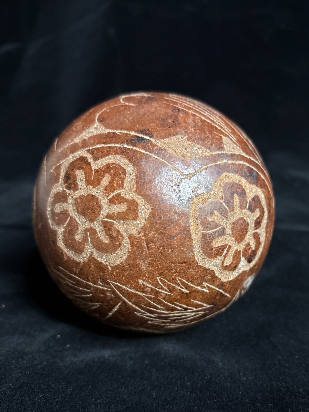 Vintage Ceramic Hand Carved Sphere Etched Floral Design Shades Of Browns